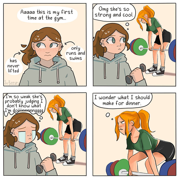 Comic by Sir Beeves showing feelings of insecurity and growth challenges while working out at the gym.