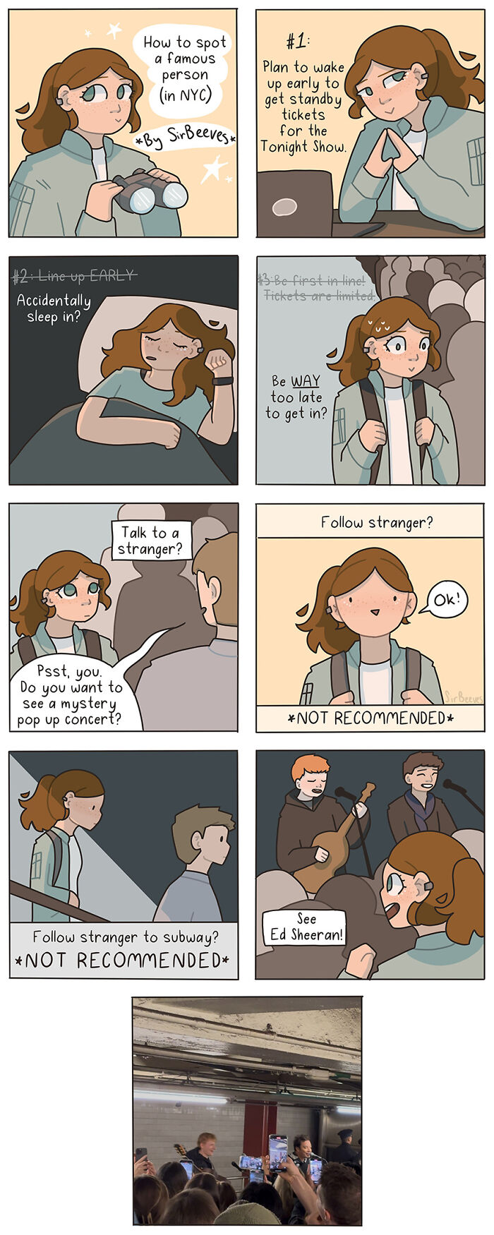 Comic by Sir Beeves showing the challenge of spotting celebrities and growing up through honest comics panels.