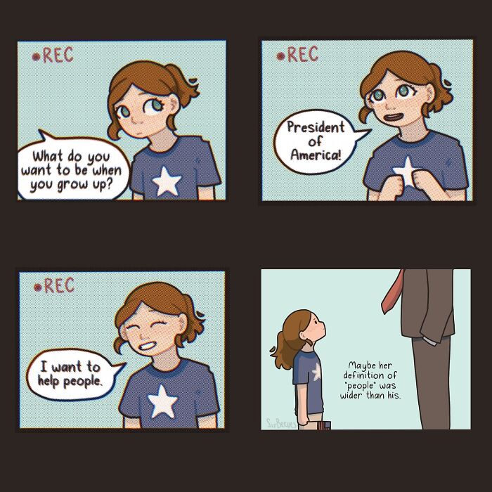 Four-panel comic by Sir Beeves showing a girl expressing her dreams and perspectives about growing up in honest comics.