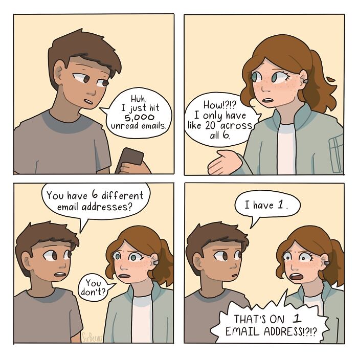 Two characters in a comic discussing unread emails and multiple email addresses in Sir Beeves honest comics style.