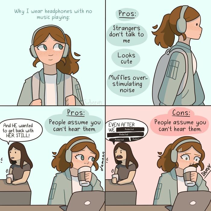 Comic panels showing a character wearing headphones to avoid social interaction, illustrating feelings of growing up honestly.