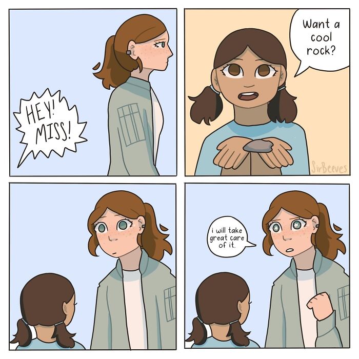 Young girl offers a cool rock in honest comics by Sir Beeves illustrating what it feels like to grow up.