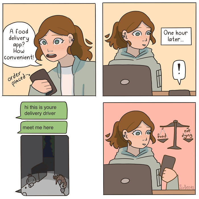 Young woman in a comic by Sir Beeves using a food delivery app, depicting the honest feeling of growing up.