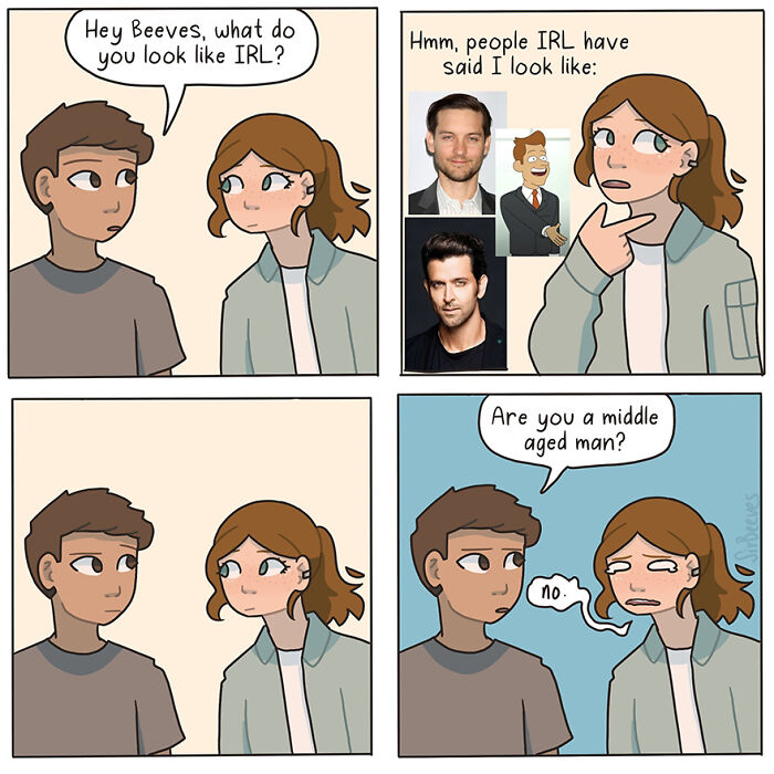 Comic strip by Sir Beeves showing two characters discussing how she is perceived in real life in her honest comics about growing up.