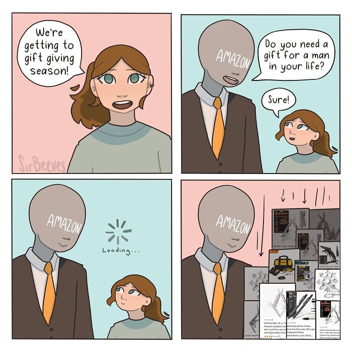 Comic by Sir Beeves showing gift-giving season stress and Amazon recommendations in her honest comics about growing up.