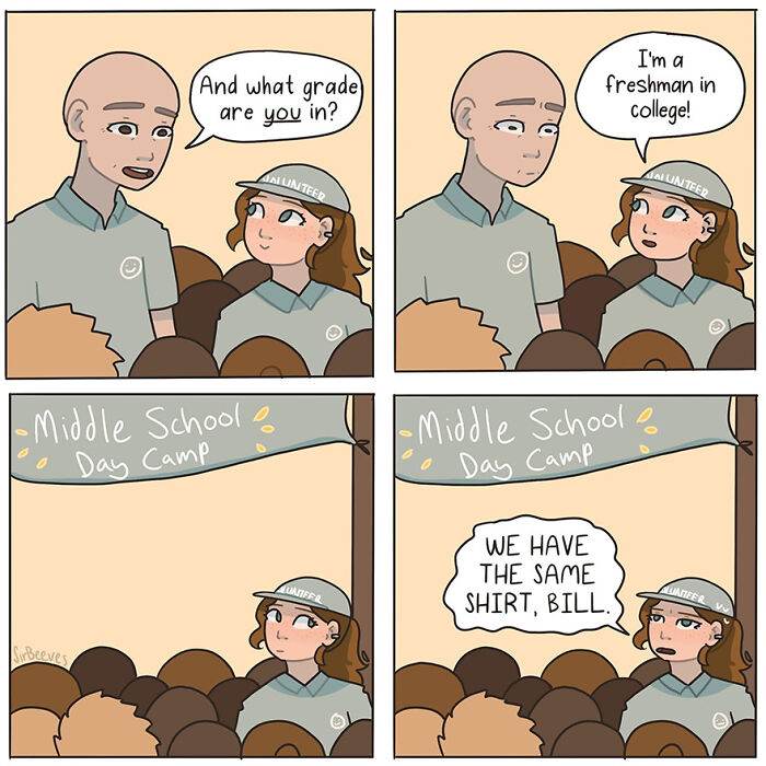 Comic by Sir Beeves showing a volunteer at middle school day camp reflecting on growing up and honest life moments.