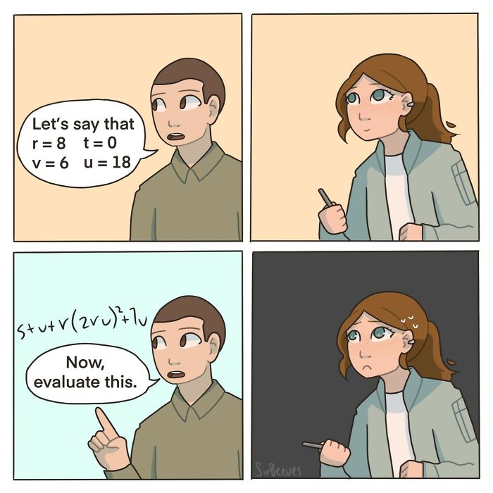 Comic panels showing a student struggling to solve a complex math problem, illustrating Sir Beeves honest comics on growing up.