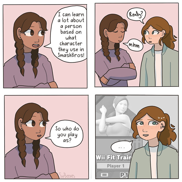 Comic panels showing two women discussing video game characters, illustrating growing up through honest comics by Sir Beeves.