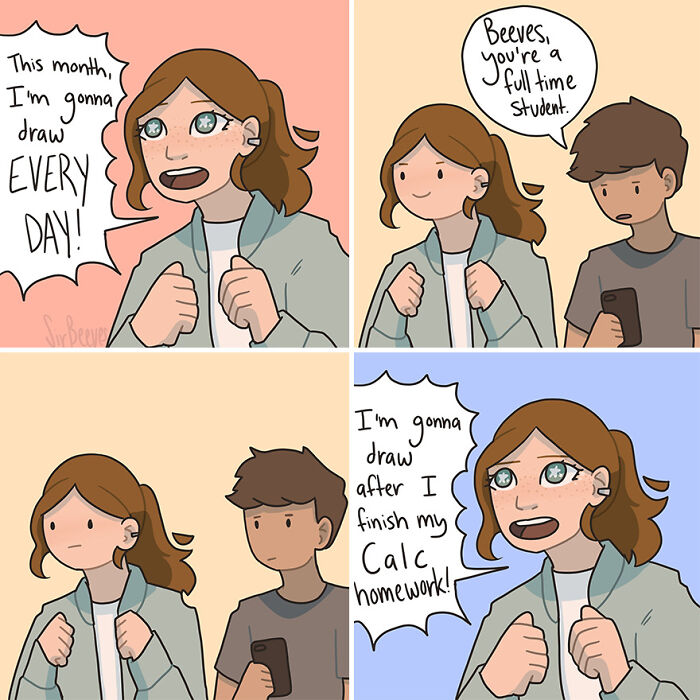 Comic panels showing a young woman expressing her determination to draw every day, reflecting honest comics about growing up.