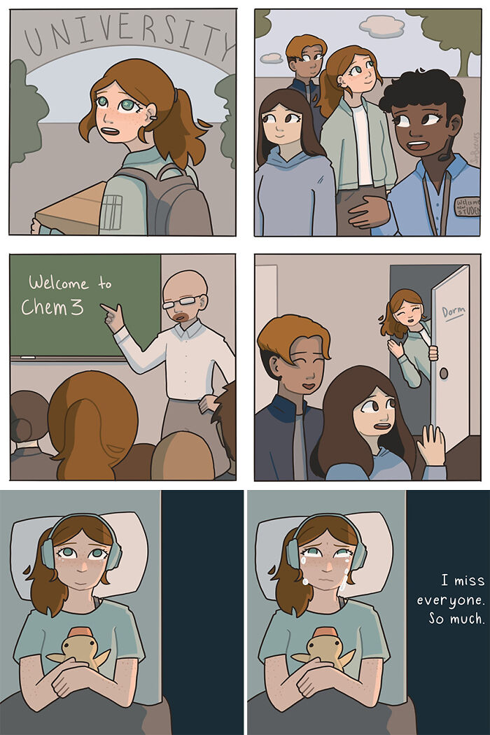 Comic panels showing a young woman’s honest comics about growing up, university life, and emotional moments depicted by Sir Beeves.