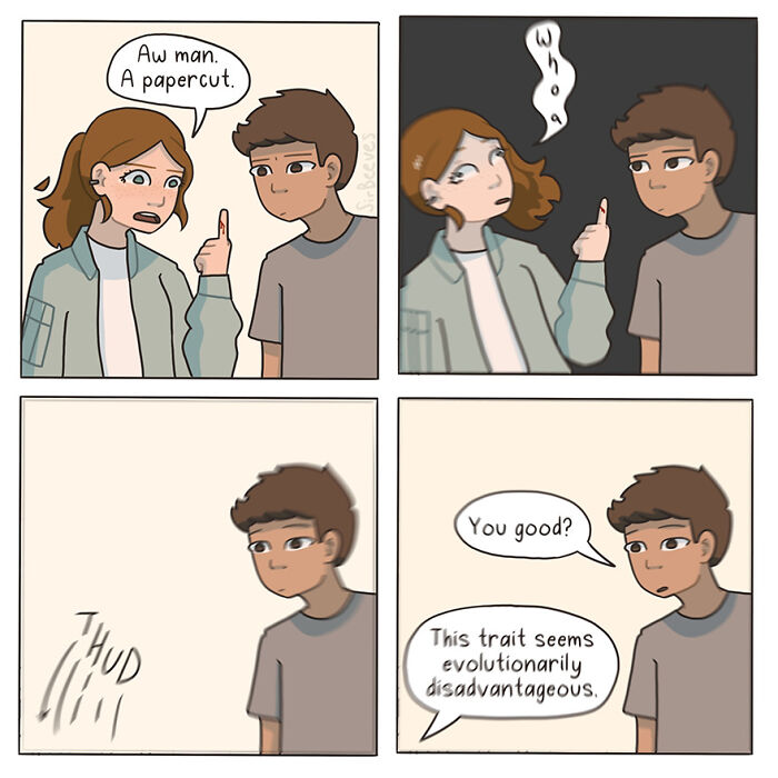 Comic panels showing a paper cut, emotional exchange, and introspective dialogue in Sir Beeves honest comics about growing up.