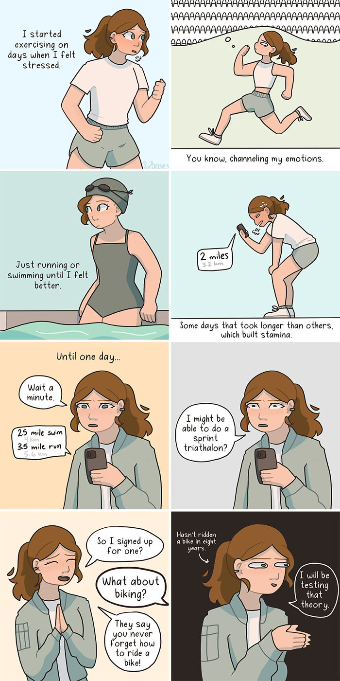 Comic by Sir Beeves showing honest moments of growing up with exercise, emotions, and building stamina in relatable scenes.