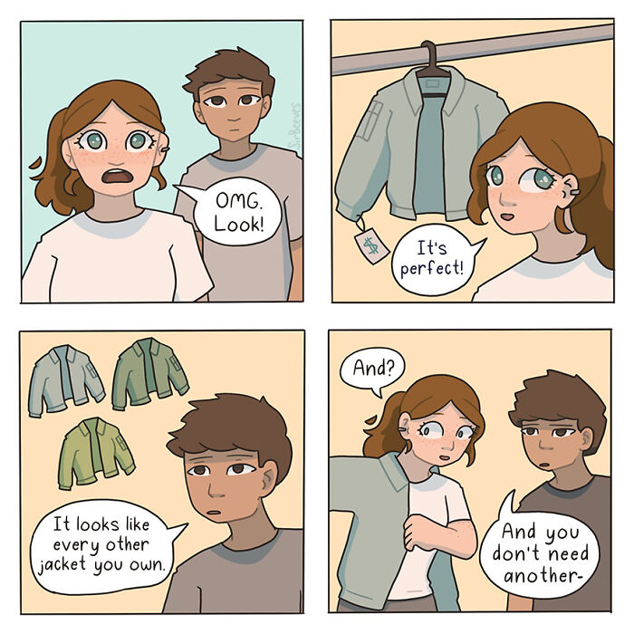 Comic panels illustrating honest moments of growing up, featuring characters discussing jacket choices by Sir Beeves.