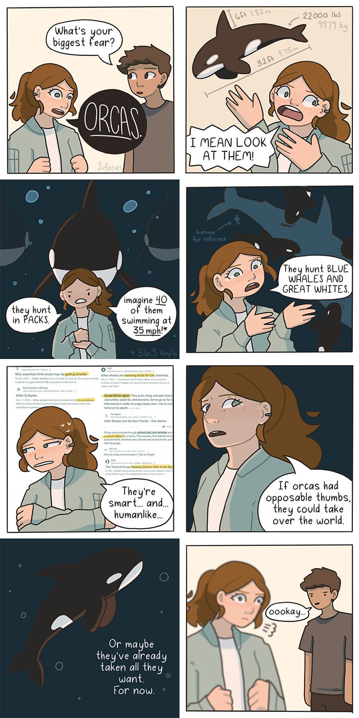 Comic by Sir Beeves showing a character discussing orcas and fears, illustrating themes from honest comics on growing up.