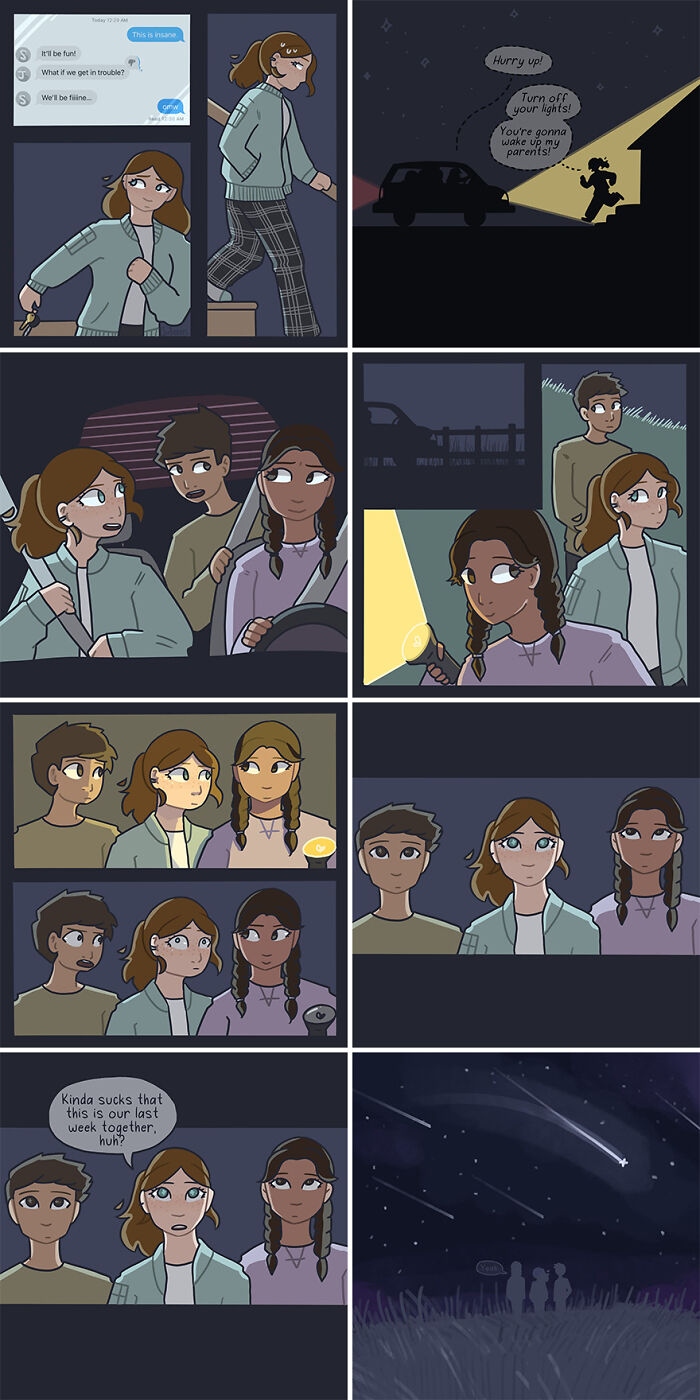 Comic panels depicting friends sharing a nighttime adventure, capturing emotions of growing up in honest comics by Sir Beeves.