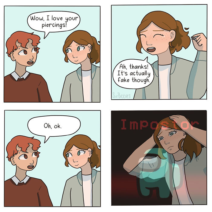 Comic panels showing a conversation and feelings of impostor syndrome illustrated in Sir Beeves honest comics about growing up.