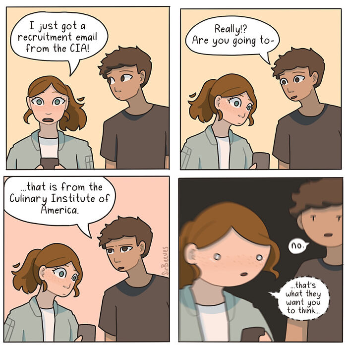 Comic panels showing two characters discussing a humorous recruitment email, illustrating Sir Beeves honest comics about growing up.