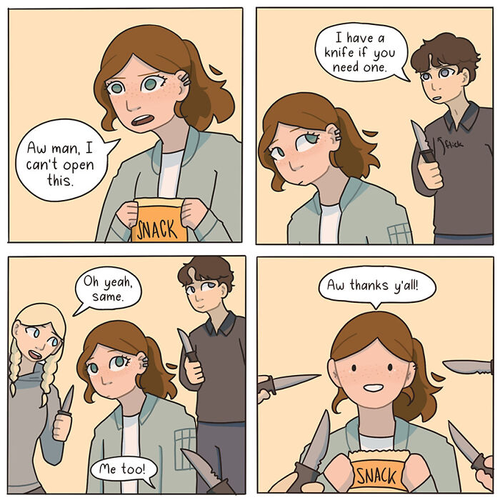 Comic panel by Sir Beeves showing characters sharing knives to open a snack, illustrating growing up moments in honest comics.