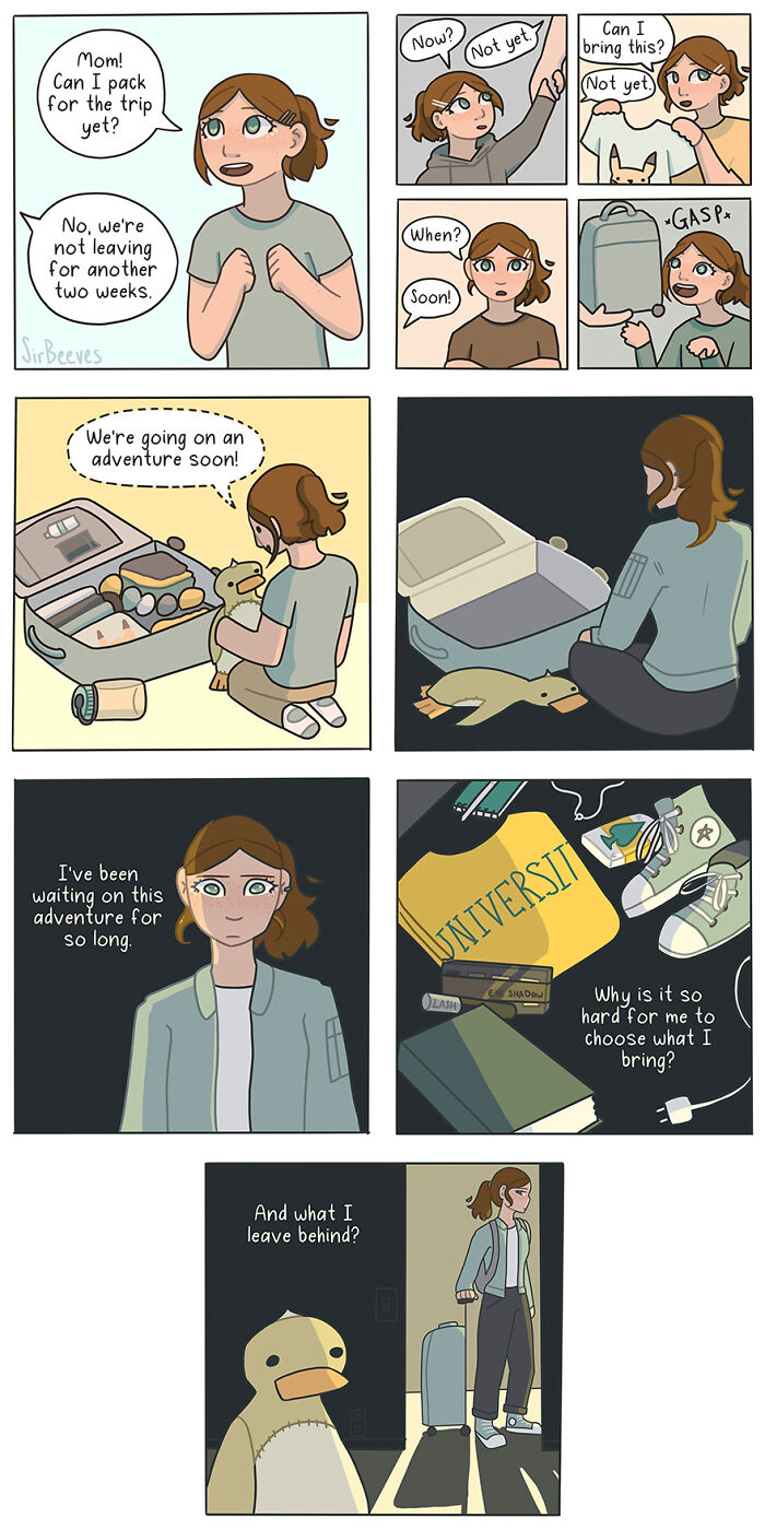 Comic panels by Sir Beeves showing the bittersweet feelings of growing up and preparing for a new adventure at university.