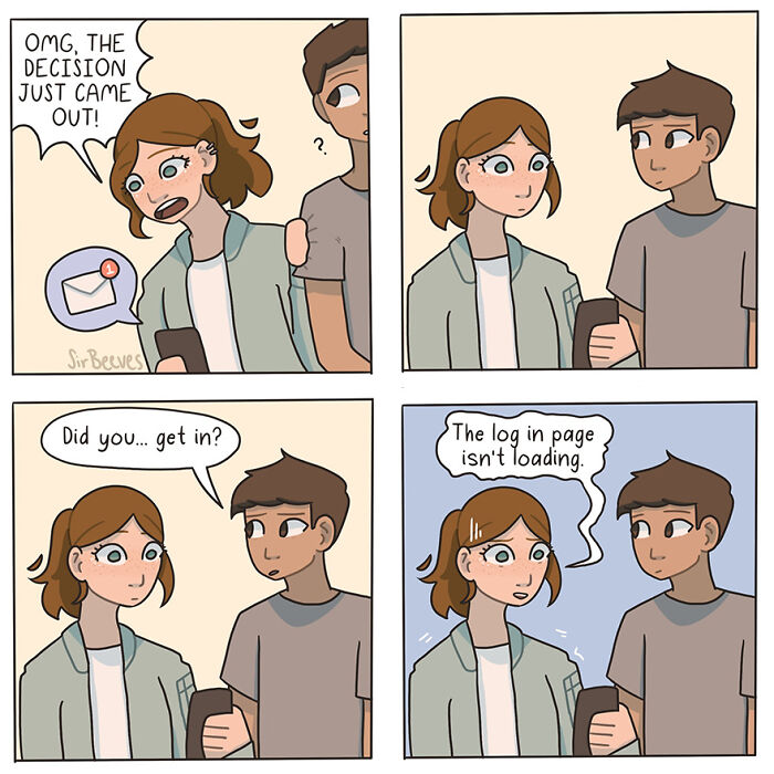 Young woman and man in honest comics by Sir Beeves, showing emotional moments of growing up with digital challenges.