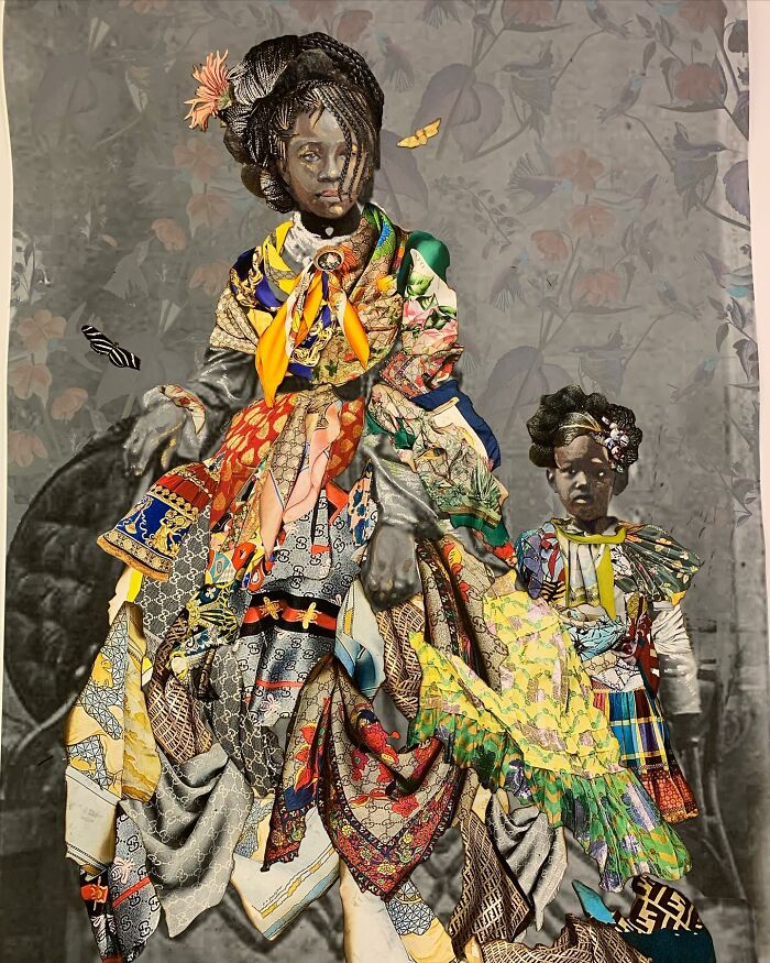 Mixed-media portrait showcasing vibrant fabrics, celebrating history and identity.