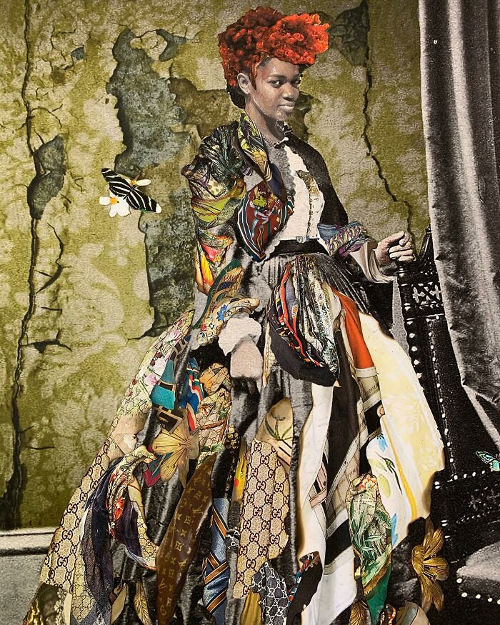 Mixed-media portrait depicting a person in vibrant, historical attire with a textured background.