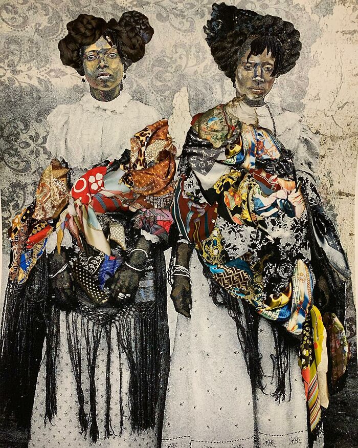 Mixed-media portraits depicting two women in historical attire with vibrant fabric elements, celebrating history and identity.