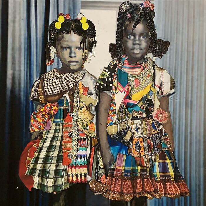 Mixed-media portrait of two children in vibrant, patterned clothing celebrating history and identity.