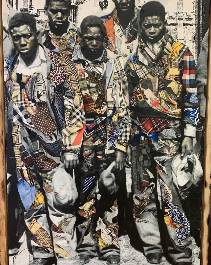 Mixed-media portrait of five men in patchwork clothing, celebrating history and identity.