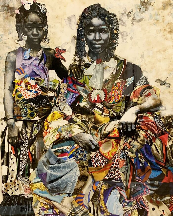 Mixed-media portrait of two women in vibrant patterned fabrics, celebrating history and identity.