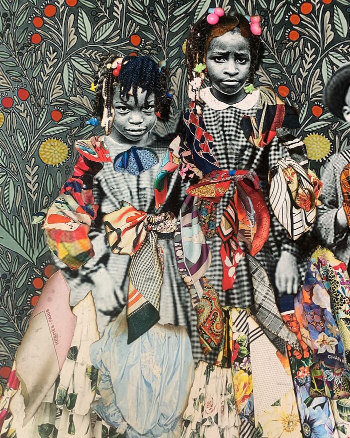 Mixed-media portrait of two children with vibrant textile patterns, celebrating history and identity.