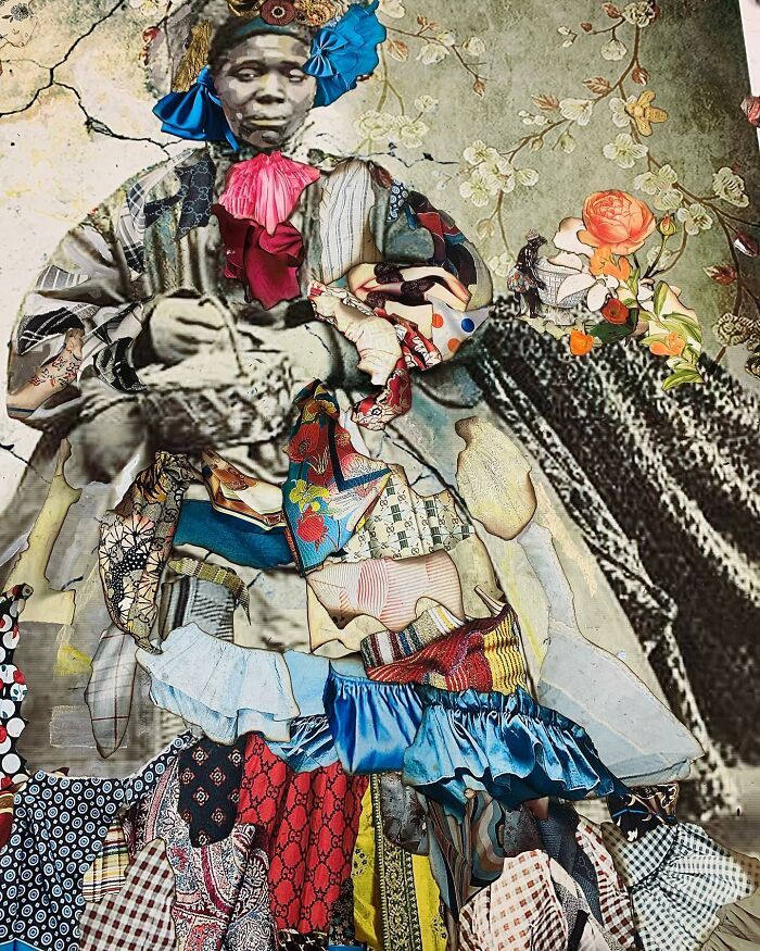 Mixed-media portrait featuring vibrant patterns, celebrating history and identity with intricate textures and colors.