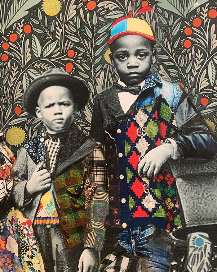 Mixed-media portrait of two boys with colorful clothing and a floral patterned background, celebrating identity and history.