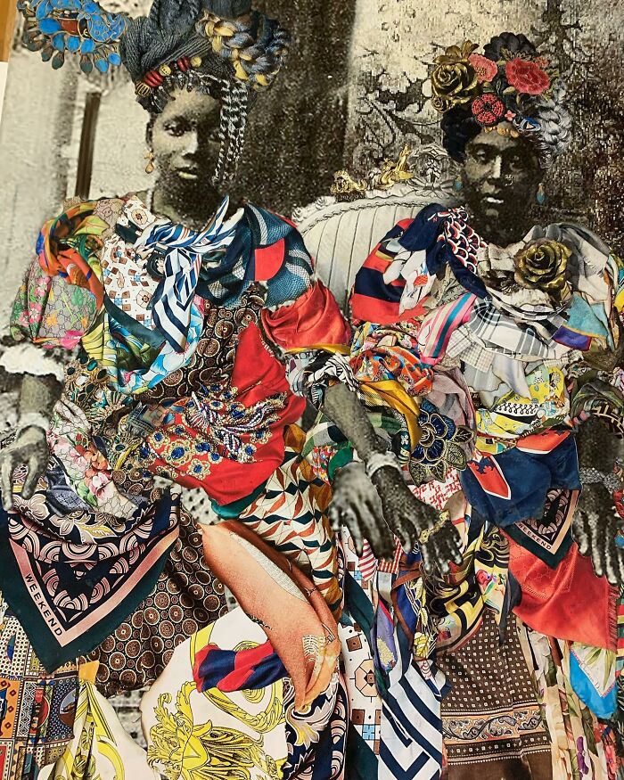 Mixed-media portrait showcasing vibrant patterns, celebrating history and identity with two figures in elaborate attire.