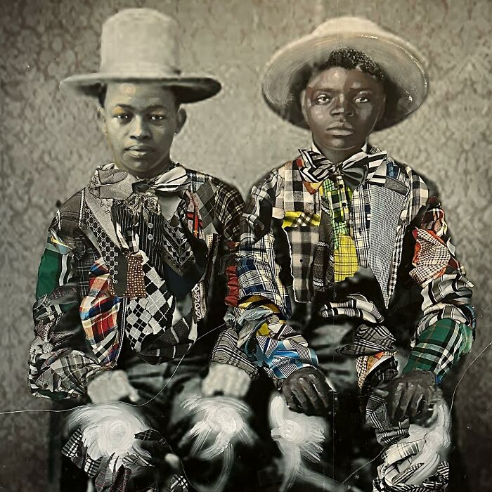 Two individuals in vibrant patchwork attire and hats, part of a mixed-media portrait celebrating history and identity.