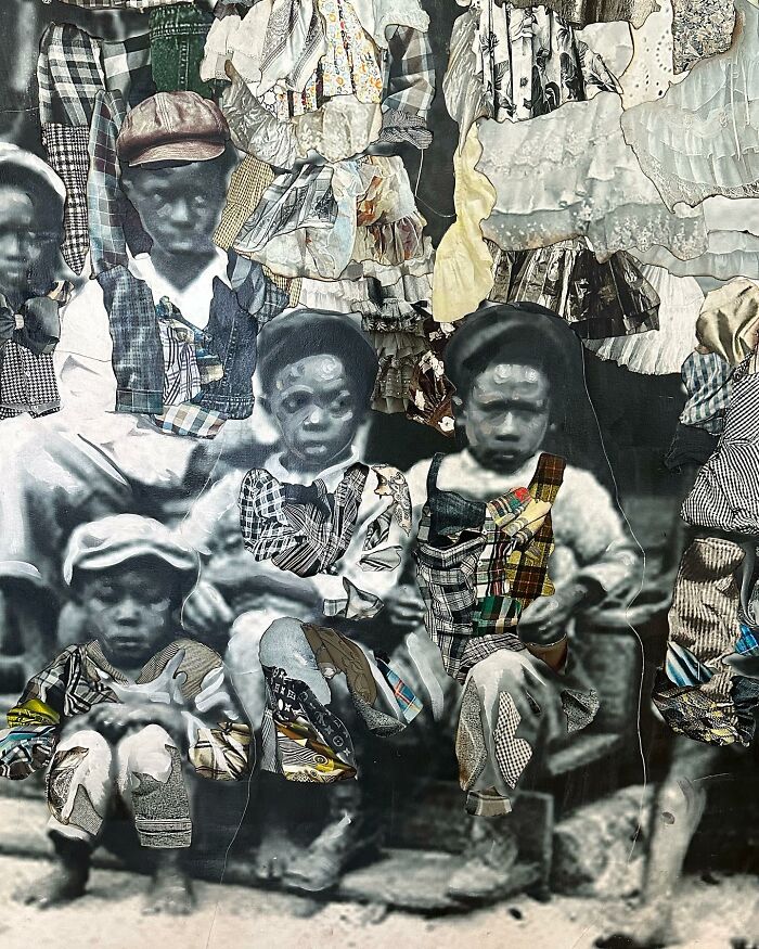 Mixed-media portrait depicting historical identity with collage elements and vintage attire.