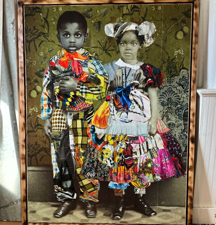 Mixed-media portrait of two children in vibrant clothing, celebrating history and identity.