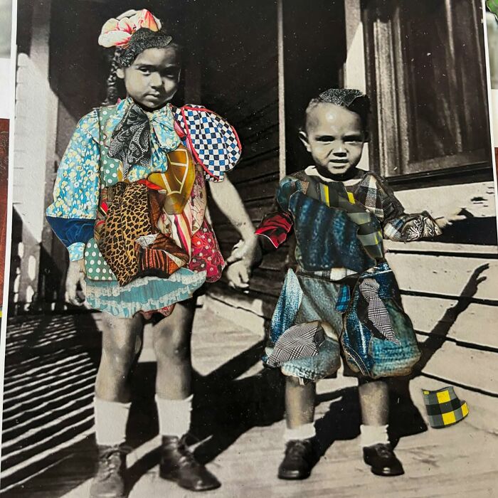 Children in mixed-media portraits, showcasing a blend of textures and patterns that celebrate history and identity.