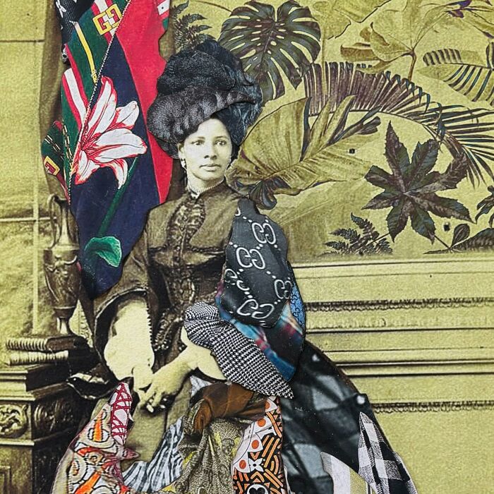 Mixed-media portrait celebrating history and identity, featuring a seated woman with vibrant textiles and botanical backdrop.