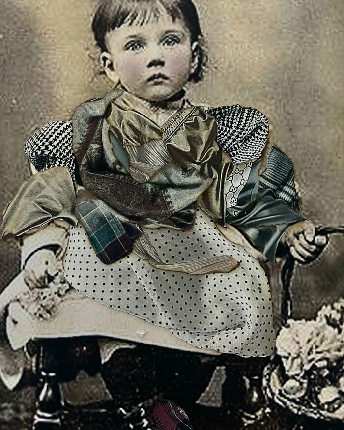 Child in mixed-media portrait with patterned fabrics, reflecting history and identity.