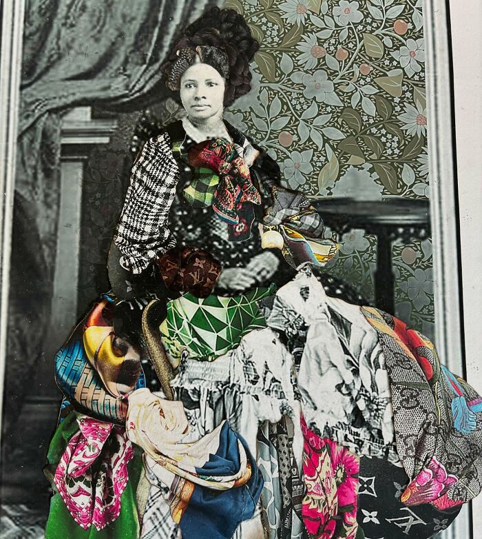 Mixed-media portrait of a woman with vibrant fabrics, celebrating history and identity.