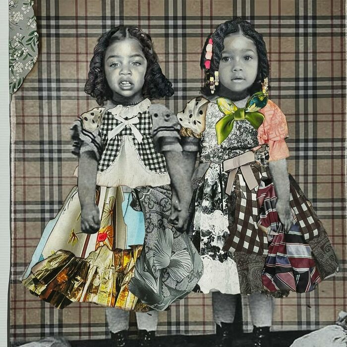 Mixed-media portrait of two children in colorful, patterned dresses, celebrating history and identity.