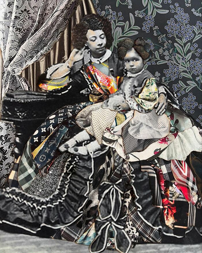 Mixed-media portrait of a woman and child in vibrant historical attire, surrounded by intricate patterns.