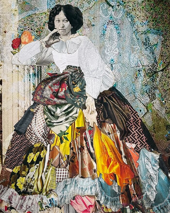 Mixed-media portrait of a woman in a vibrant, patchwork dress reflecting history and identity themes.