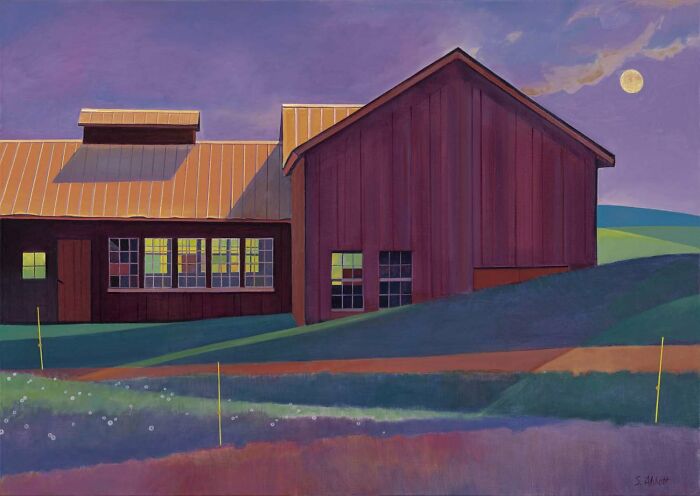 Painting of a quiet street with sunlit windows in the evening by Susan Abbott.