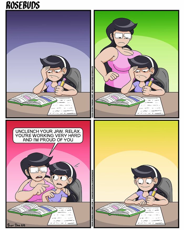 Comic about life with sisters: a sister comforts another while she studies, encouraging her to relax and acknowledging her efforts.