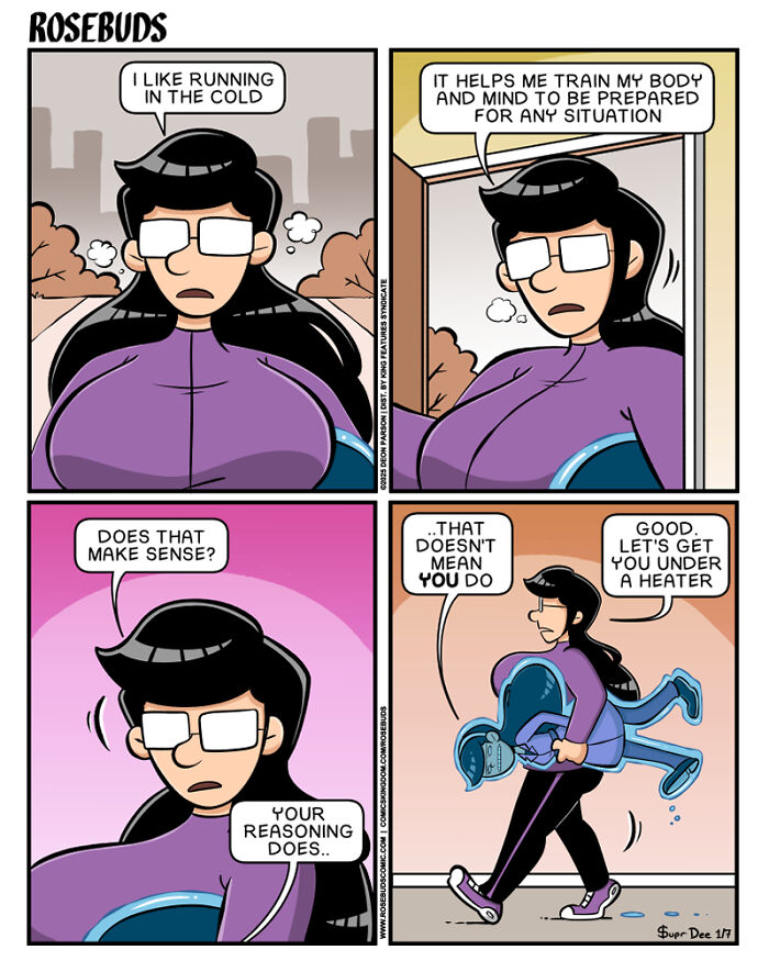 Comic strip by Supr Dee about life with sisters, featuring a conversation about running in the cold and reasoning.