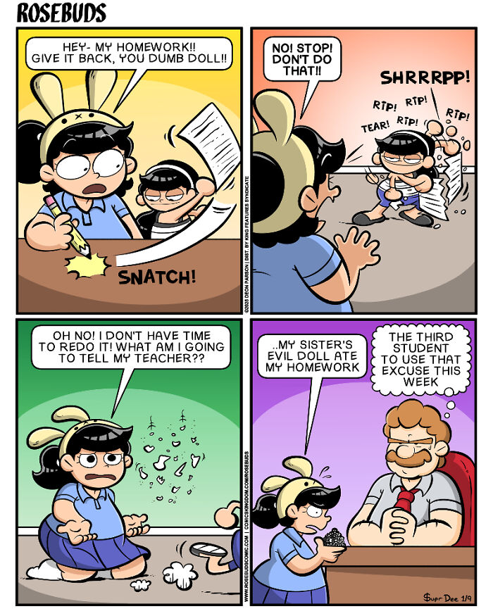Comic about sisters, struggles, and smiles: a girl blames a doll for homework destruction, humorously explaining to teacher.
