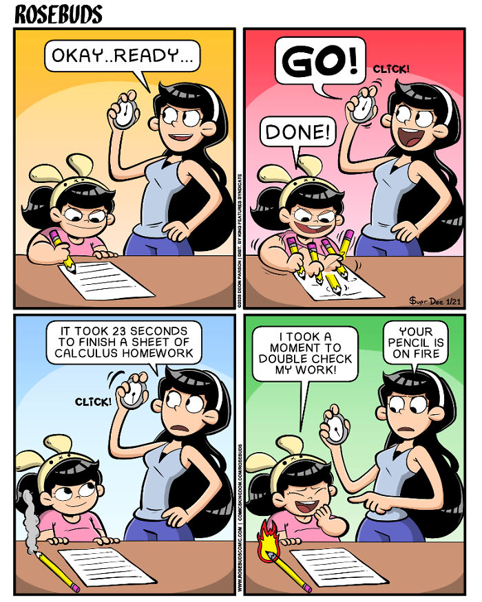 Two sisters in a comic about life, with one timing the other's homework speed.