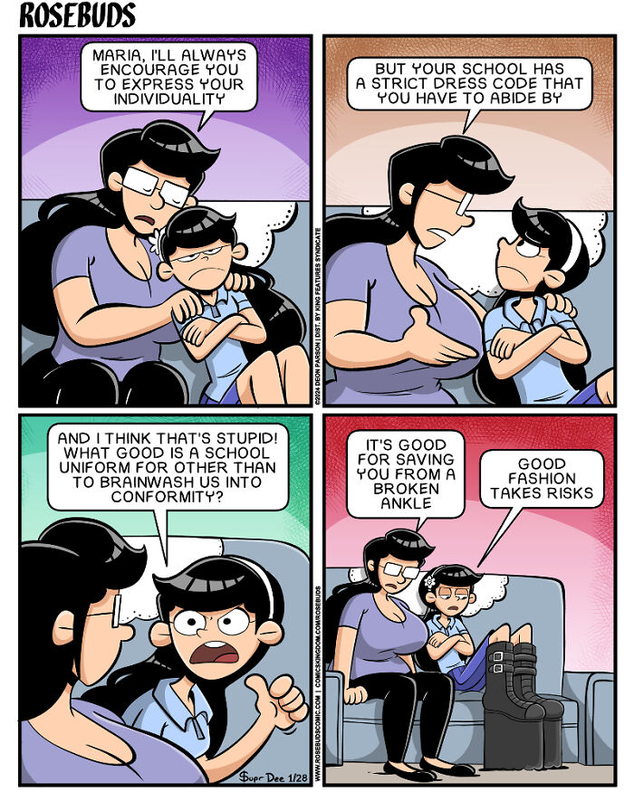 Comic strip by Supr Dee showing a humorous conversation about school dress codes and individuality between sisters.